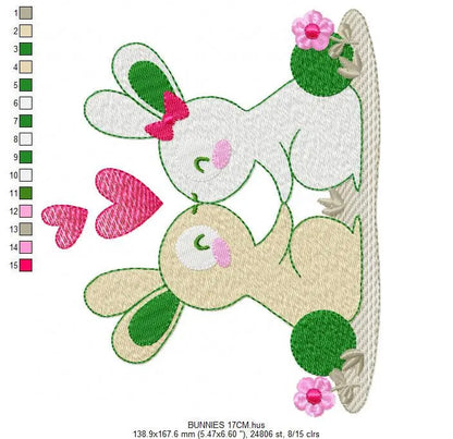 Couple Bunny with hearts embroidery design - Rabbit Fanily Valentines with hearts machine embroidery pattern - Love file - Instant download Marcia Embroidery