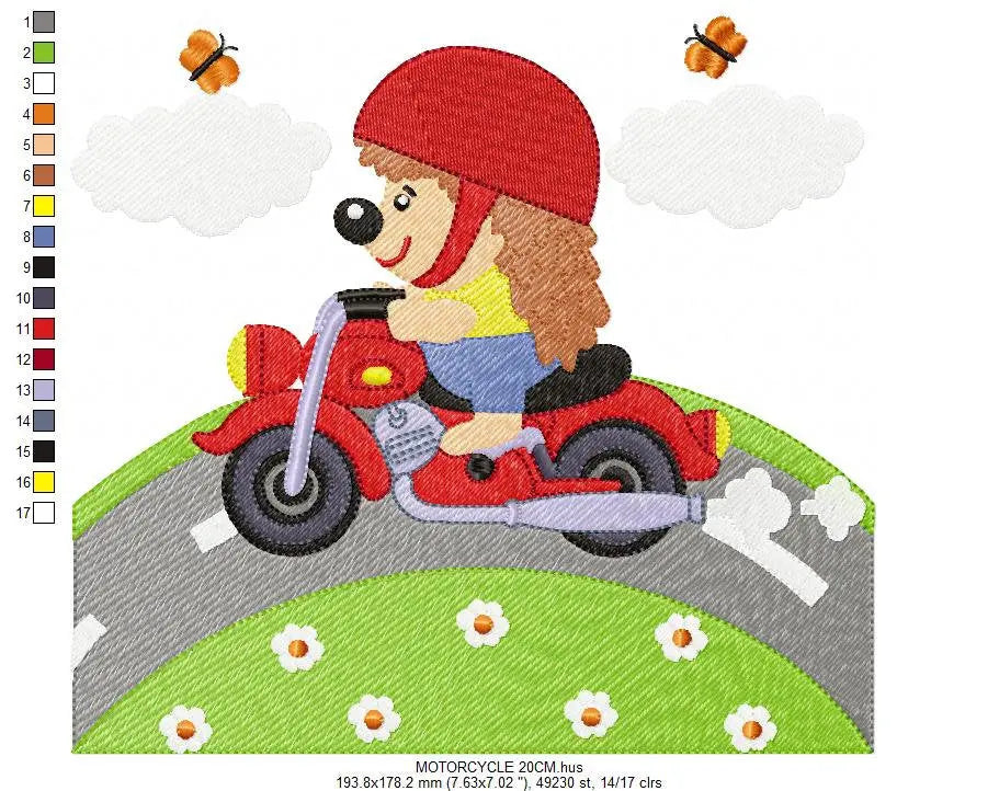 Hedgehog embroidery designs - Motorcycle embroidery design machine embroidery pattern - Porcupine in a bike embroidery file instant download Marcia Embroidery