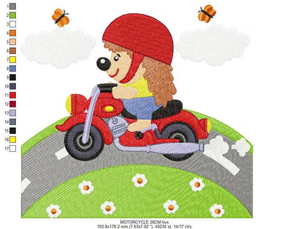 Hedgehog embroidery designs - Motorcycle embroidery design machine embroidery pattern - Porcupine in a bike embroidery file instant download Marcia Embroidery