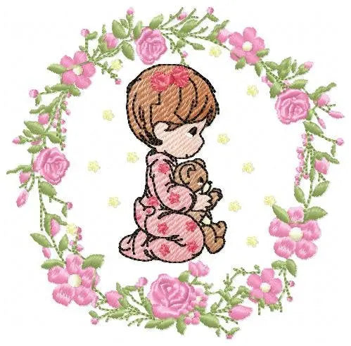 Praying girl with flower frame embroidery designs - Flower wreath machine embroidery pattern - Catholic Kneeling kid - Instant download pes Marcia Embroidery