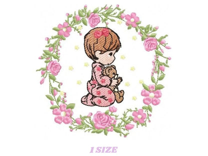 Praying girl with flower frame embroidery designs - Flower wreath machine embroidery pattern - Catholic Kneeling kid - Instant download pes Marcia Embroidery