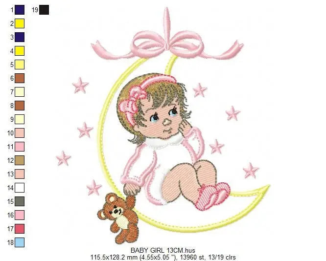 Baby girl embroidery design - Newborn embroidery designs machine embroidery pattern - Moon embroidery file - girl with moon and stars design Marcia Embroidery