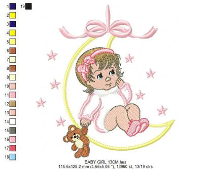 Baby girl embroidery design - Newborn embroidery designs machine embroidery pattern - Moon embroidery file - girl with moon and stars design Marcia Embroidery