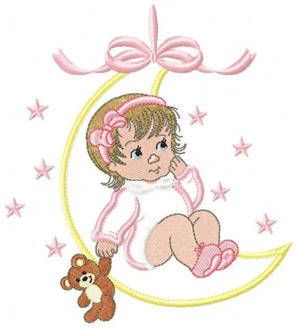 Baby girl embroidery design - Newborn embroidery designs machine embroidery pattern - Moon embroidery file - girl with moon and stars design Marcia Embroidery