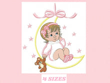 Cargar imagen en el visor de la galería, Baby girl embroidery design - Newborn embroidery designs machine embroidery pattern - Moon embroidery file - girl with moon and stars design
