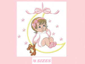 Baby girl embroidery design - Newborn embroidery designs machine embroidery pattern - Moon embroidery file - girl with moon and stars design