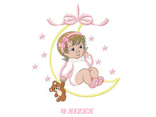 Cargar imagen en el visor de la galería, Baby girl embroidery design - Newborn embroidery designs machine embroidery pattern - Moon embroidery file - girl with moon and stars design
