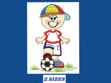 Cargar imagen en el visor de la galería, Boy with ball embroidery design - Baby boy embroidery design machine embroidery pattern - Soccer player embroidery file - instant download
