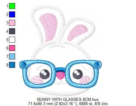 Bunny with glasses embroidery design - Rabbit face machine embroidery pattern - Boy Rabbit with glasses applique - Instant download pes Marcia Embroidery