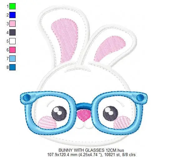 Bunny with glasses embroidery design - Rabbit face machine embroidery pattern - Boy Rabbit with glasses applique - Instant download pes Marcia Embroidery