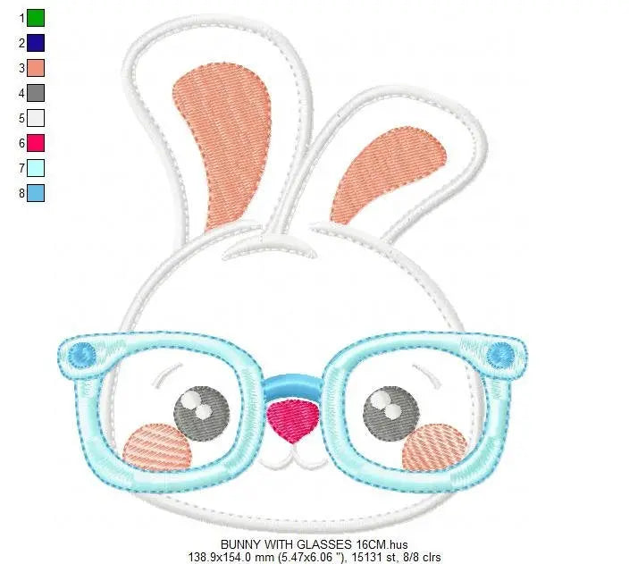 Bunny with glasses embroidery design - Rabbit face machine embroidery pattern - Boy Rabbit with glasses applique - Instant download pes Marcia Embroidery