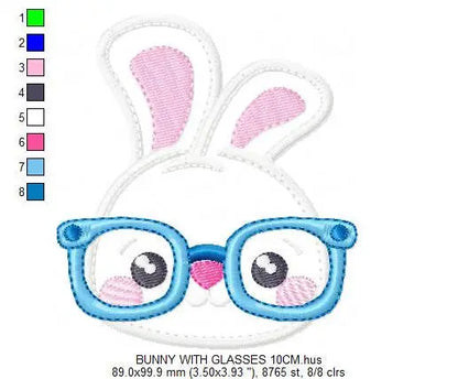 Bunny with glasses embroidery design - Rabbit face machine embroidery pattern - Boy Rabbit with glasses applique - Instant download pes Marcia Embroidery