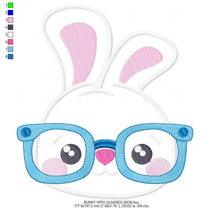 Bunny with glasses embroidery design - Rabbit face machine embroidery pattern - Boy Rabbit with glasses applique - Instant download pes Marcia Embroidery