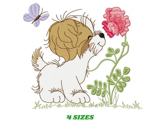 Dog with flower embroidery designs - Shih tzu embroidery design machine embroidery pattern - Pet Puppy file - Instant download pes jef dst