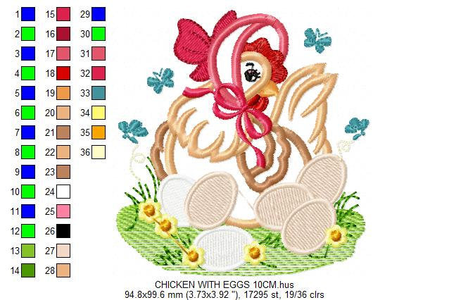 Chicken with eggs embroidery designs - Farm embroidery design machine embroidery pattern - instant download - Kitchen towel embroidery file
