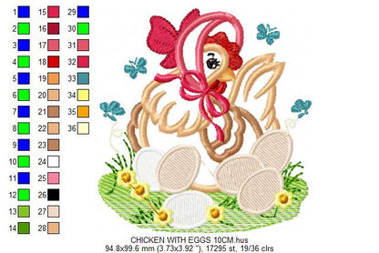 Chicken with eggs embroidery designs - Farm embroidery design machine embroidery pattern - instant download - Kitchen towel embroidery file