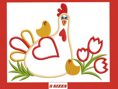 Chicken with flowers embroidery designs - Farm animal embroidery design machine embroidery pattern - Chicken applique - Instant download pes