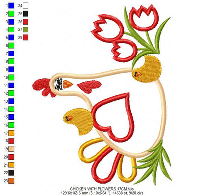 Chicken with flowers embroidery designs - Farm animal embroidery design machine embroidery pattern - Chicken applique - Instant download pes