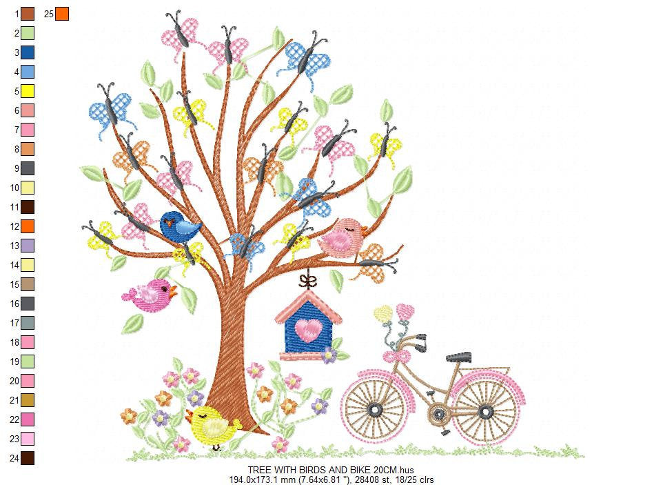 Tree embroidery designs - Flower embroidery design machine embroidery pattern - Spring embroidery file - Tree with birds design bicycle bike
