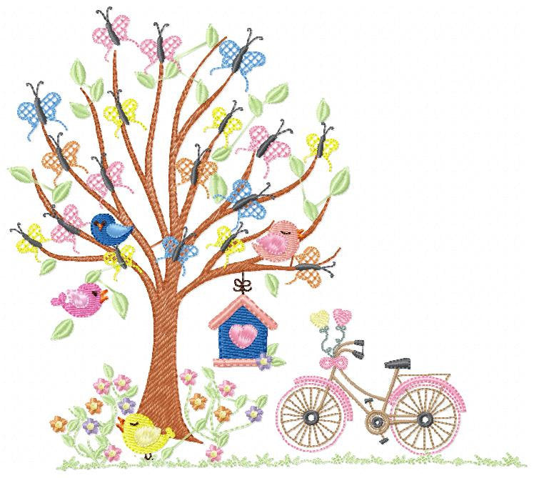 Tree embroidery designs - Flower embroidery design machine embroidery pattern - Spring embroidery file - Tree with birds design bicycle bike