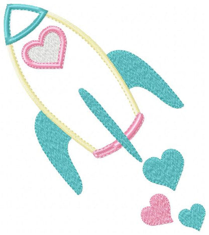 Rocket embroidery designs - Spaceshift with hearts machine embroidery pattern - Baby Girl Astronaut -  Rocket applique - Instant download