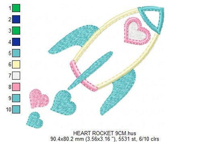 Rocket embroidery designs - Spaceshift with hearts machine embroidery pattern - Baby Girl Astronaut -  Rocket applique - Instant download