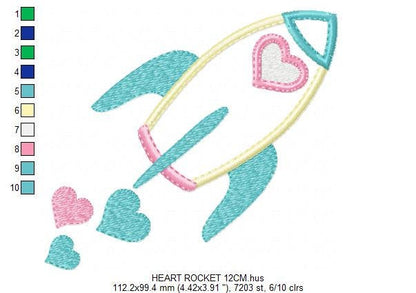 Rocket embroidery designs - Spaceshift with hearts machine embroidery pattern - Baby Girl Astronaut -  Rocket applique - Instant download
