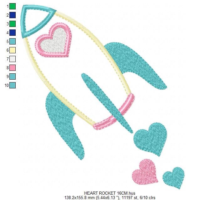 Rocket embroidery designs - Spaceshift with hearts machine embroidery pattern - Baby Girl Astronaut -  Rocket applique - Instant download