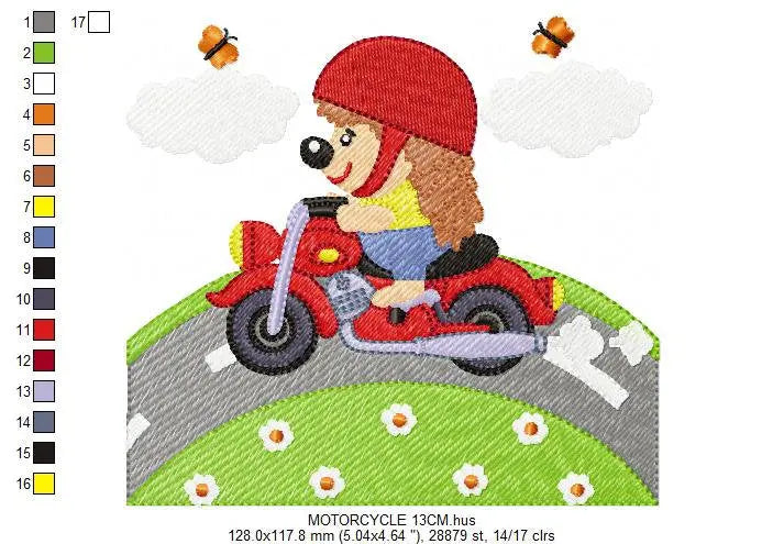Hedgehog embroidery designs - Motorcycle embroidery design machine embroidery pattern - Porcupine in a bike embroidery file instant download Marcia Embroidery