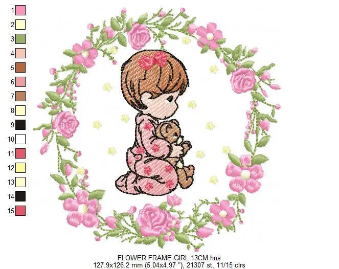 Praying girl with flower frame embroidery designs - Flower wreath machine embroidery pattern - Catholic Kneeling kid - Instant download pes Marcia Embroidery