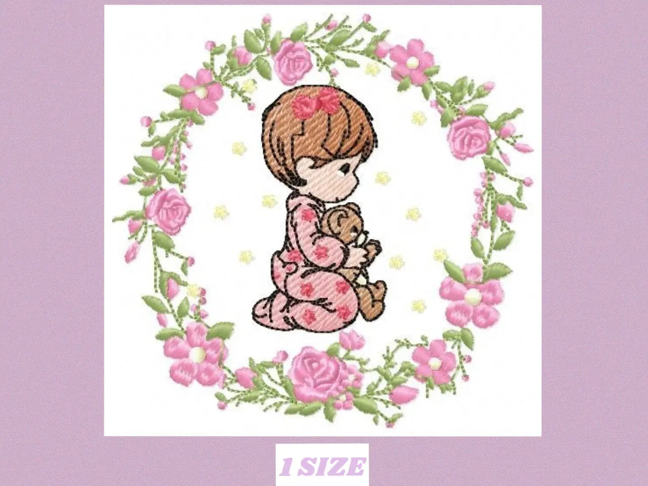 Praying girl with flower frame embroidery designs - Flower wreath machine embroidery pattern - Catholic Kneeling kid - Instant download pes Marcia Embroidery