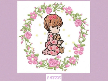 Praying girl with flower frame embroidery designs - Flower wreath machine embroidery pattern - Catholic Kneeling kid - Instant download pes Marcia Embroidery