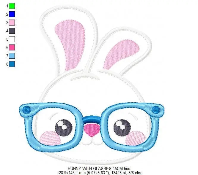 Bunny with glasses embroidery design - Rabbit face machine embroidery pattern - Boy Rabbit with glasses applique - Instant download pes Marcia Embroidery
