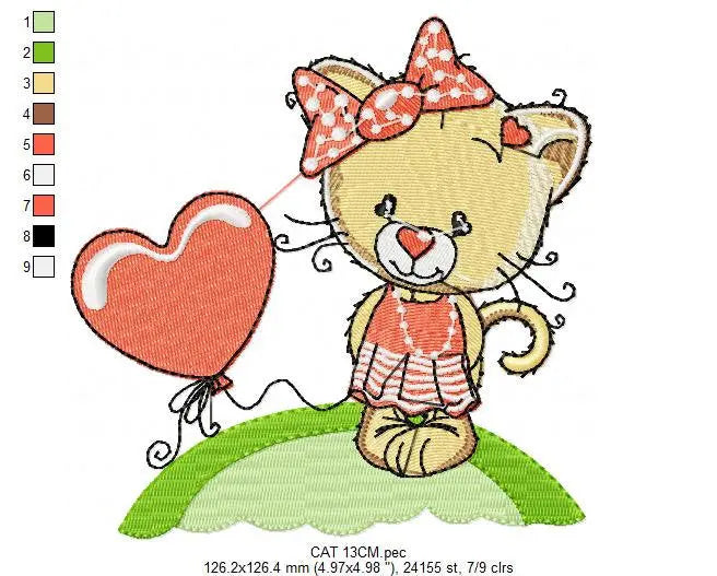 Cat with lace and heart balloon embroidery design - Baby Girl Pussy Kitty machine embroidery pattern - Instant digital download pes jef Marcia Embroidery