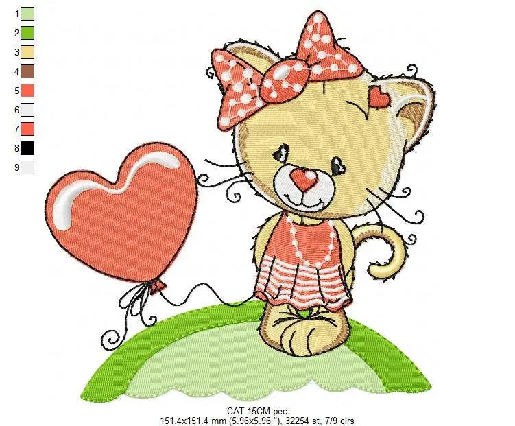 Cat with lace and heart balloon embroidery design - Baby Girl Pussy Kitty machine embroidery pattern - Instant digital download pes jef Marcia Embroidery