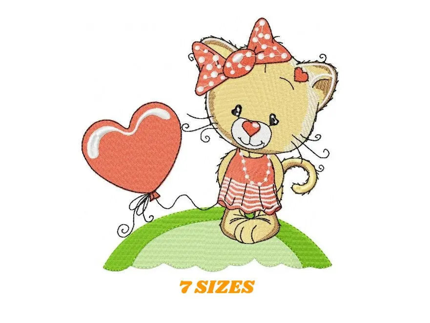Cat with lace and heart balloon embroidery design - Baby Girl Pussy Kitty machine embroidery pattern - Instant digital download pes jef Marcia Embroidery