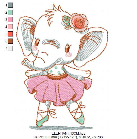 Elephant embroidery designs - Animal embroidery design machine embroidery pattern - Baby girl embroidery file - rippled elephant ballerina