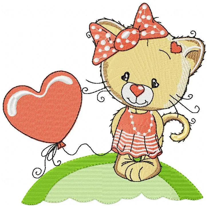 Cat with lace and heart balloon embroidery design - Baby Girl Pussy Kitty machine embroidery pattern - Instant digital download pes jef Marcia Embroidery