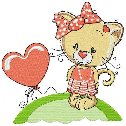 Cat with lace and heart balloon embroidery design - Baby Girl Pussy Kitty machine embroidery pattern - Instant digital download pes jef Marcia Embroidery