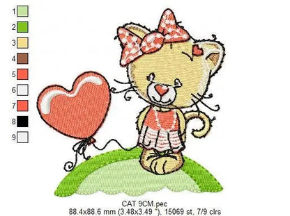 Cat with lace and heart balloon embroidery design - Baby Girl Pussy Kitty machine embroidery pattern - Instant digital download pes jef Marcia Embroidery