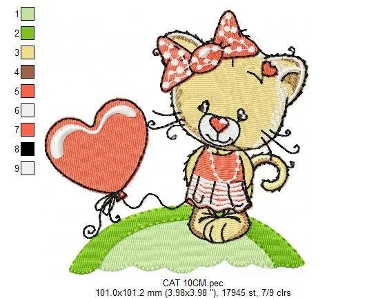 Cat with lace and heart balloon embroidery design - Baby Girl Pussy Kitty machine embroidery pattern - Instant digital download pes jef Marcia Embroidery