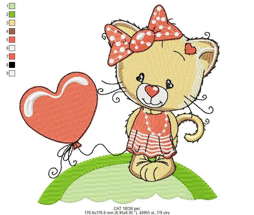 Cat with lace and heart balloon embroidery design - Baby Girl Pussy Kitty machine embroidery pattern - Instant digital download pes jef Marcia Embroidery