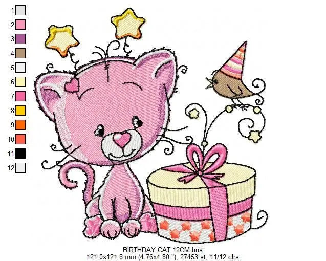 Cat embroidery design - Birthday embroidery designs machine embroidery pattern - Baby embroidery file - birthday party cat design download Marcia Embroidery