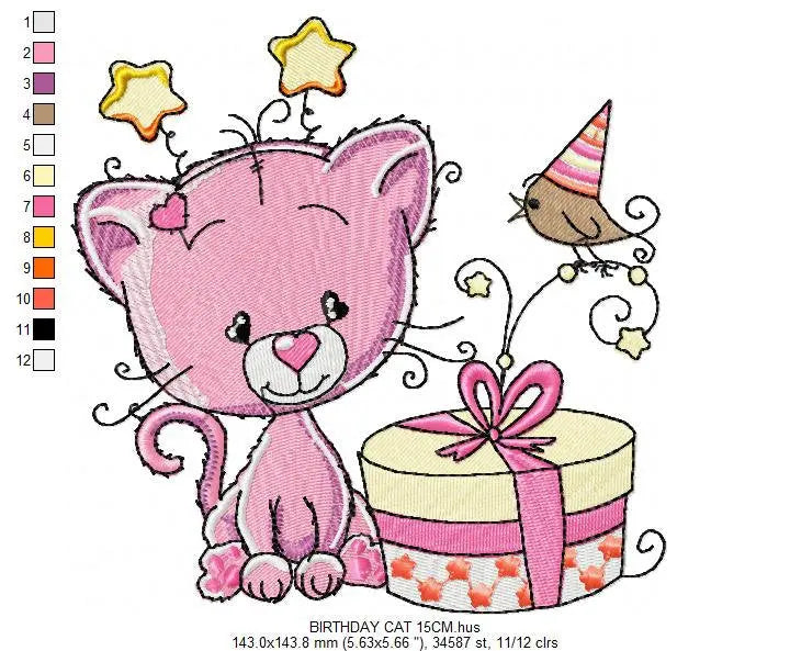 Cat embroidery design - Birthday embroidery designs machine embroidery pattern - Baby embroidery file - birthday party cat design download Marcia Embroidery
