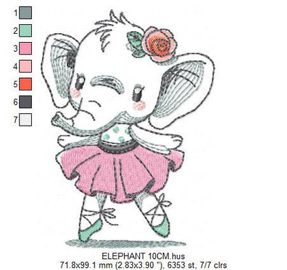 Elephant embroidery designs - Animal embroidery design machine embroidery pattern - Baby girl embroidery file - rippled elephant ballerina