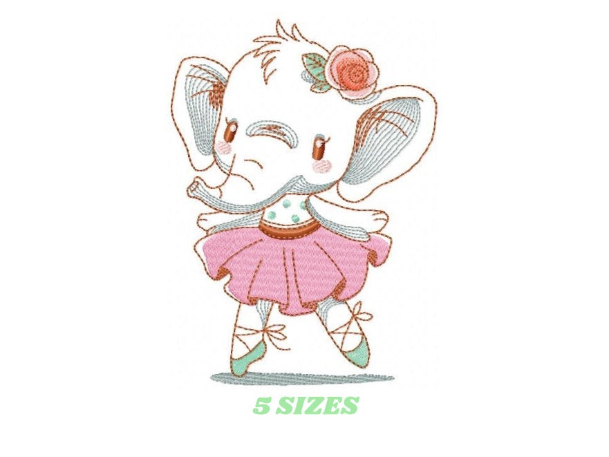 Elephant embroidery designs - Animal embroidery design machine embroidery pattern - Baby girl embroidery file - rippled elephant ballerina