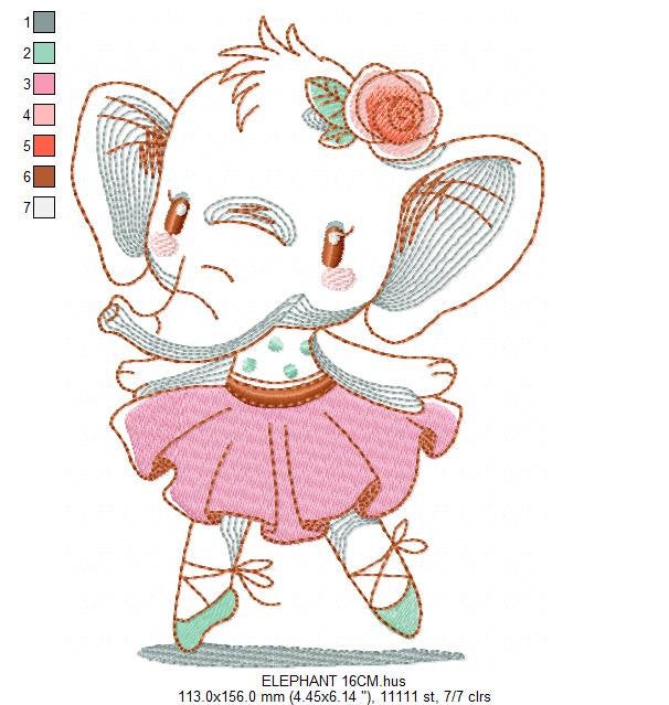 Elephant embroidery designs - Animal embroidery design machine embroidery pattern - Baby girl embroidery file - rippled elephant ballerina