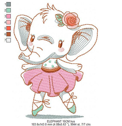Elephant embroidery designs - Animal embroidery design machine embroidery pattern - Baby girl embroidery file - rippled elephant ballerina