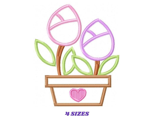 Tulip embroidery designs - Flower Vase Applique machine embroidery pattern - Flower Pot Kitchen Towel - Instant digital download pes jef dst