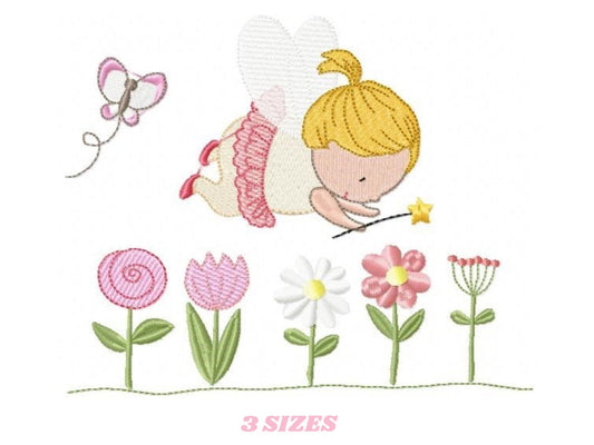 Baby Girl embroidery designs - Fairy embroidery design machine embroidery pattern - girl with flowers embroidery file - instant download
